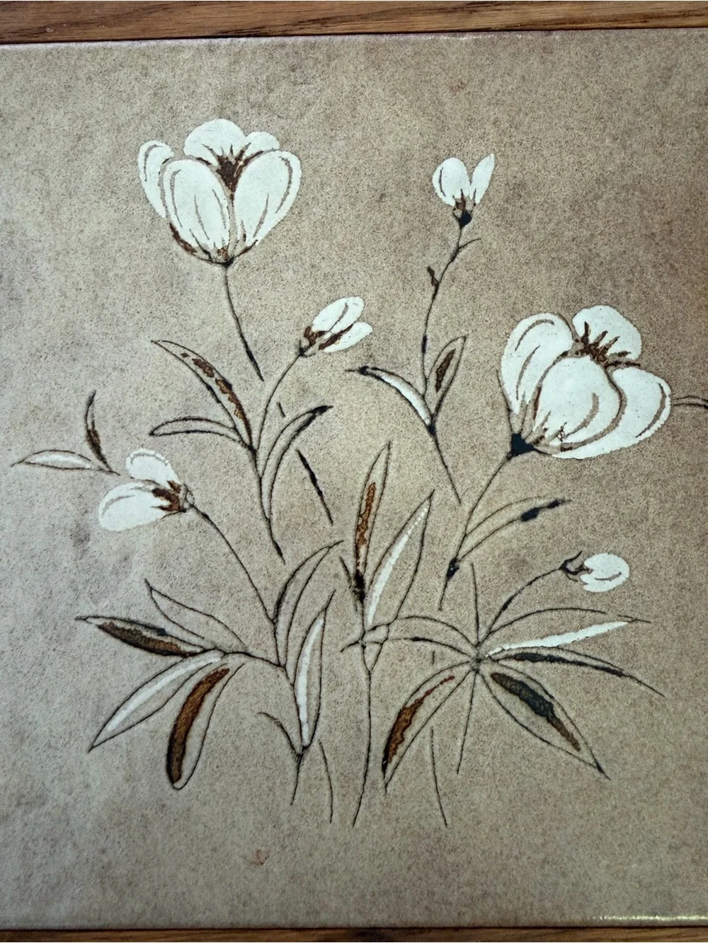 1970 Large Trivet Frame Heavy Ceramic Tile Wheat | White Flowers Pattern